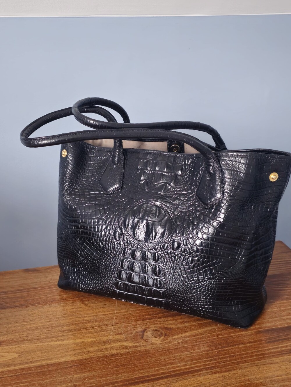 Brahmin Black Croc-Embossed Leather Tote